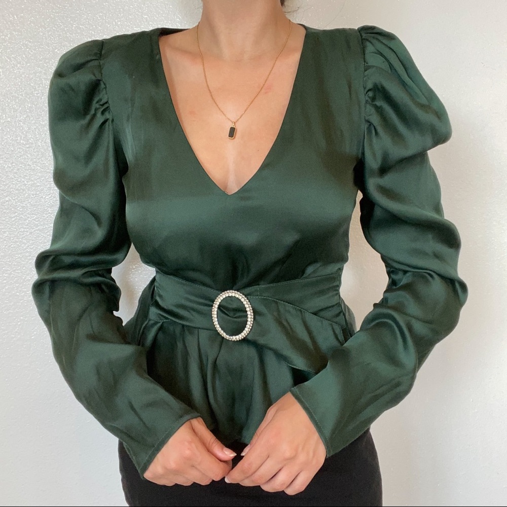Zara Emerald green satin puff sleeve blouse